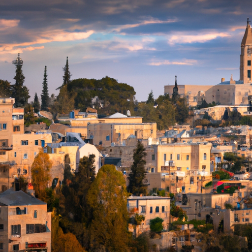 1. נוף פנורמי של קו הרקיע של ירושלים עם חזית וינטג' של מלון בוטיק