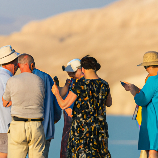 A group of tourists enjoying their time at the Dead Sea with the Abraham Tours guide