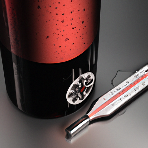 מדחום למקרר יין בעל דיוק גבוה המוצג לצד בקבוק יין אדום