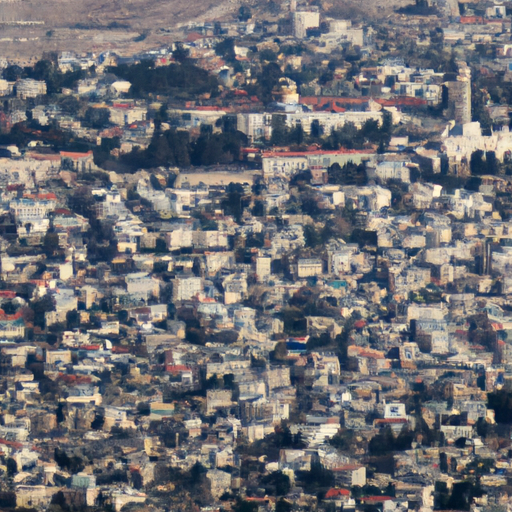 מבט אווירי על ירושלים המדגיש את אתריה ההיסטוריים והקדושים.